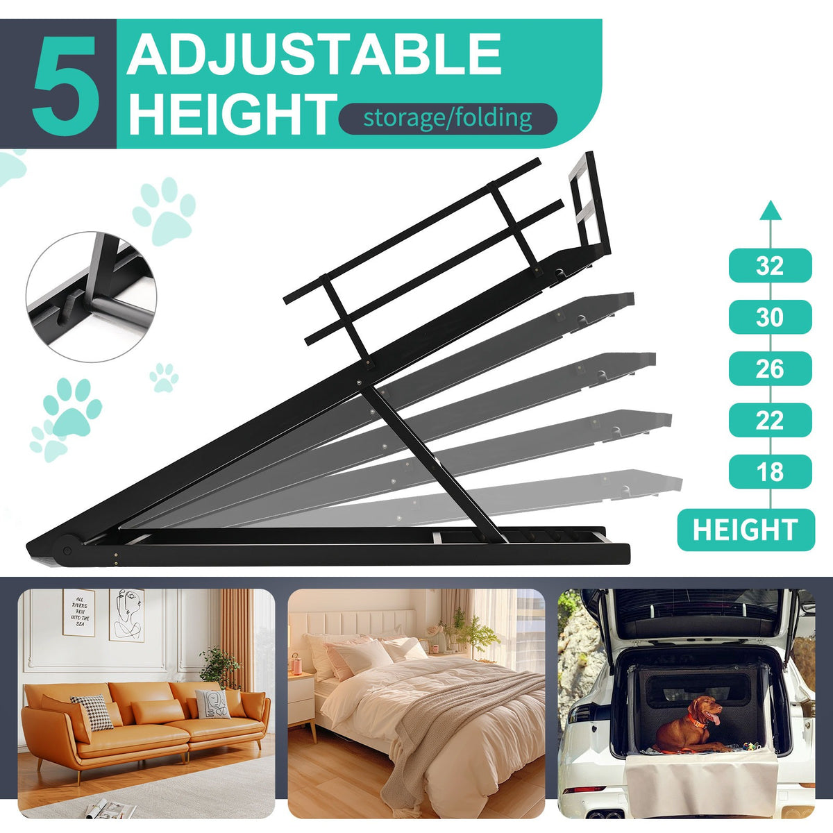 Dog Ramp, Adjustable Height Wooden Folding Pet Ramp for Bed, Couch,SUV-High Traction, Portable Paw Ramps for Small & Large Old Dogs & Cats - Furniture Quality