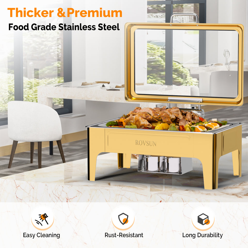 9QT square 304 stainless steel hot pot, hydraulic glass cover and food pot - golden buffet heater, suitable for catering, parties, events and home use only for cooking (1 pack))