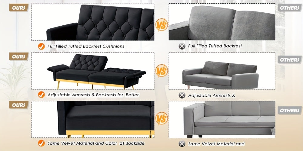 ACMEASE Velvet Sofa Bed Featuring Adjustable Armrests And Backrests, a Contemporary Recliner Sleeper Couch with a Tufted Design, a Convertible Loveseat Sofa with Golden Legs Suitable for The Living Room, Bedroom, Or Studio