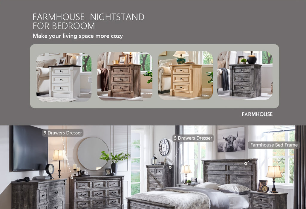 26 Inch High Farmhouse Bedside Table Set of 2, 3 Drawer Side Table with Charging Station, 23.6 Inch Wide Side Table with Roman Posts, Wooden Country Style Bedside Table for Bedroom, Living Room