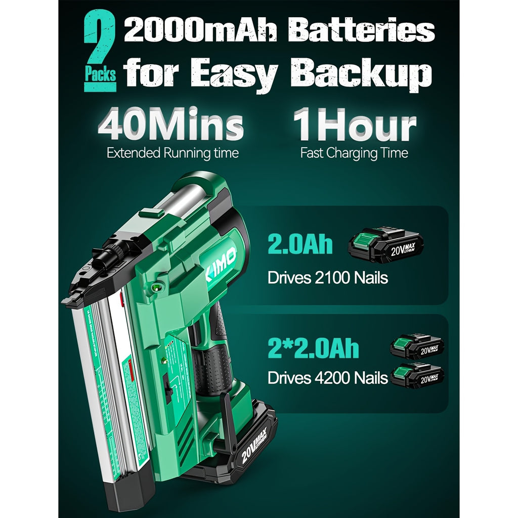 KIMO 20V Brushless Cordless Brad Nailer And Staple Gun, 2-in-1 Power Tool Kit with 2 Batteries, Fast Charger, 1000pcs 18G Nails & Staples for Woodworking, Carpentry, And DIY Projects
