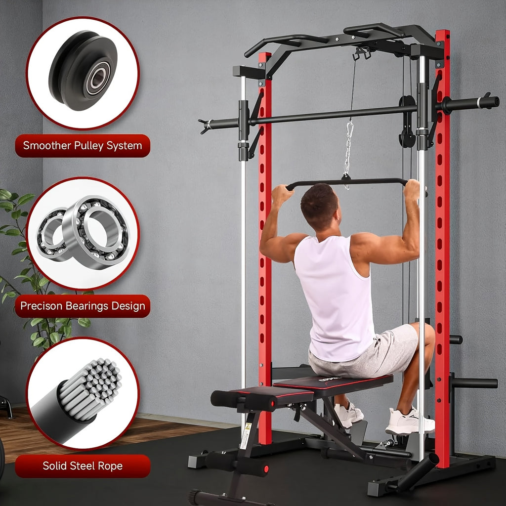 Power Cage, Multi-Functional Power Racks for Home Gym with Dual Pulley Systems, 2000 LBS Weight Capacity Fitness Squat Rack for Strength Workout with More Training Attachment Optional Weight Bench Weight Plates and Barbells Not Included