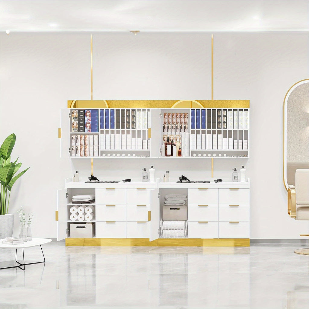 OmySalon Free-Standing Salon Station with 6 Drawers & Storage Cabinet - White Golden & Black Golden Barber Organizer, No Power Required, Durable Mobile Hair Styling Station for Salon & Spa Organization, Sleek Modern Design, Barber Supplies