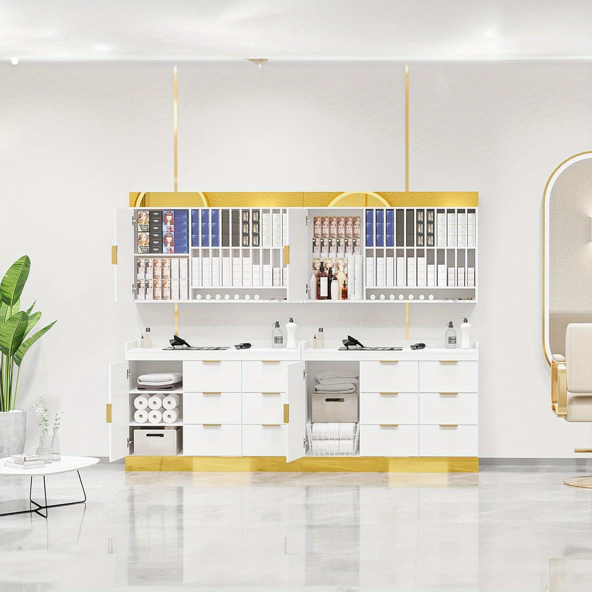 OmySalon Free-Standing Salon Station with 6 Drawers & Storage Cabinet - White Golden & Black Golden Barber Organizer, No Power Required, Durable Mobile Hair Styling Station for Salon & Spa Organization, Sleek Modern Design, Barber Supplies
