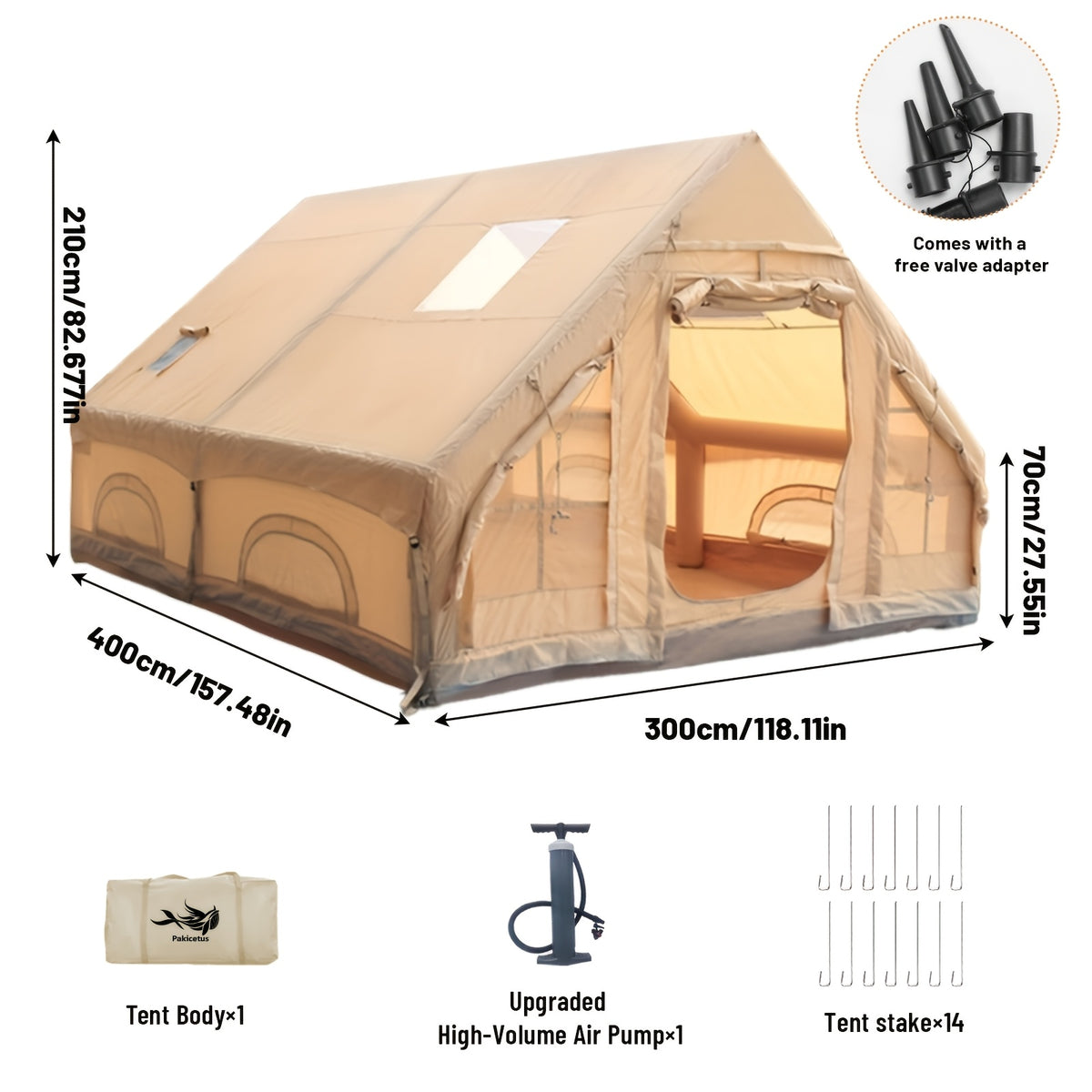 PAKICETUS Large Inflatable Camping Tent (Optional: Skylight, Stove Jack, and Door), Quick Air-Flow & Breathable Mesh Design, Summer Glamping Hot Tents for Camping with Stove, Quick Setup Inflatable Camping Tent for 4-6 Person Families, All-season