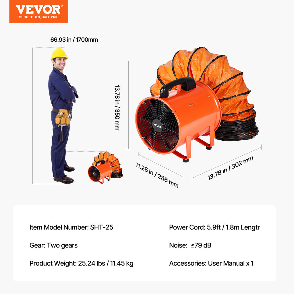 VEVOR 10 inch Portable Ventilator, 2 Speed Industrial Utility Blower Fan with 33ft Flexible Duct Hose, Exhaust Axial Fan for Basements, Workshops, Warehouses, and Confined Spaces, Orange