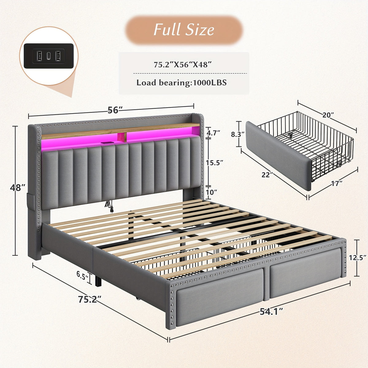 Full&Queen&King Size, Bed Frame with 2-Tier Storage Headboard, with Charging Station, LED Light Platform Bed Frame, 2 Storage Drawers for Storing, Sturdy Wooden Slats Support, Noise-Free, No Box Spring Needed, Grey