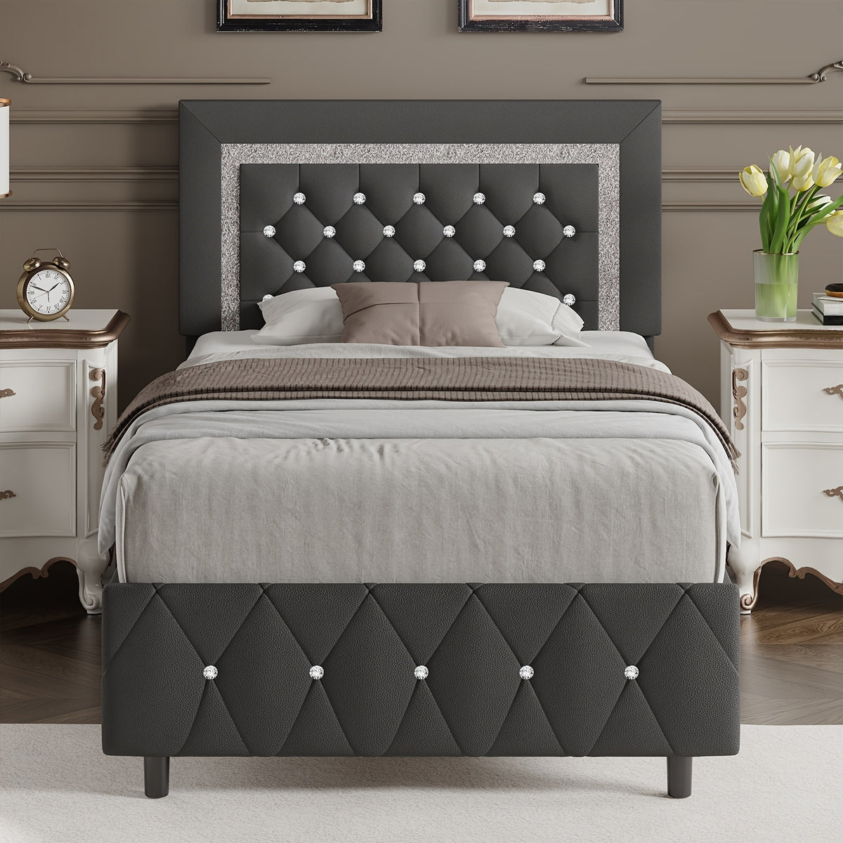 4ever2buy Twin Full Queen King Platform Bed Frame with Upholstered Diamond Headboard, Mattress Foundation with Strong Wooden Slats Support, No Box Spring Needed, Easy Assembly, Valentine's Day Gifts, Pearlized White, Black, Pink, Green, Grey, Beige