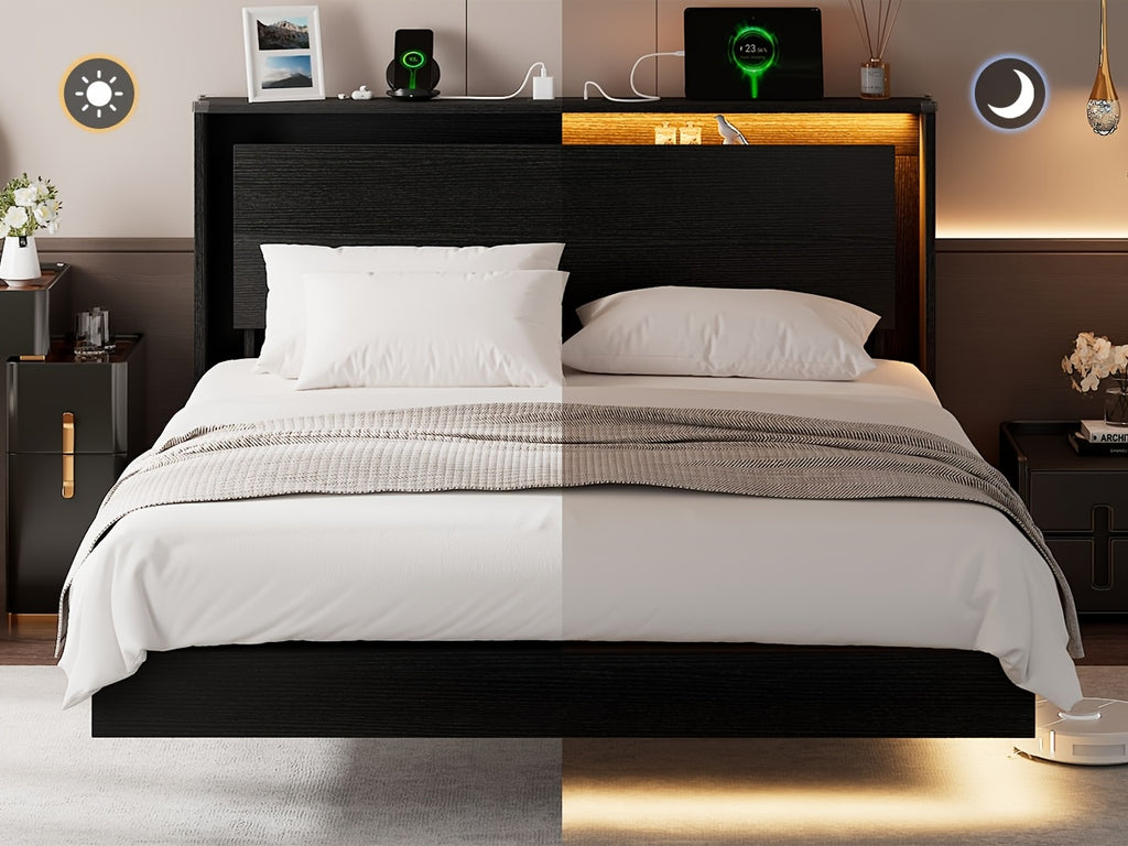 Floating Bed Frame with LED Lights & Charging Station, Heavy Duty Metal Support Frame, Easy Assembly, Bed Frame Without Mattres