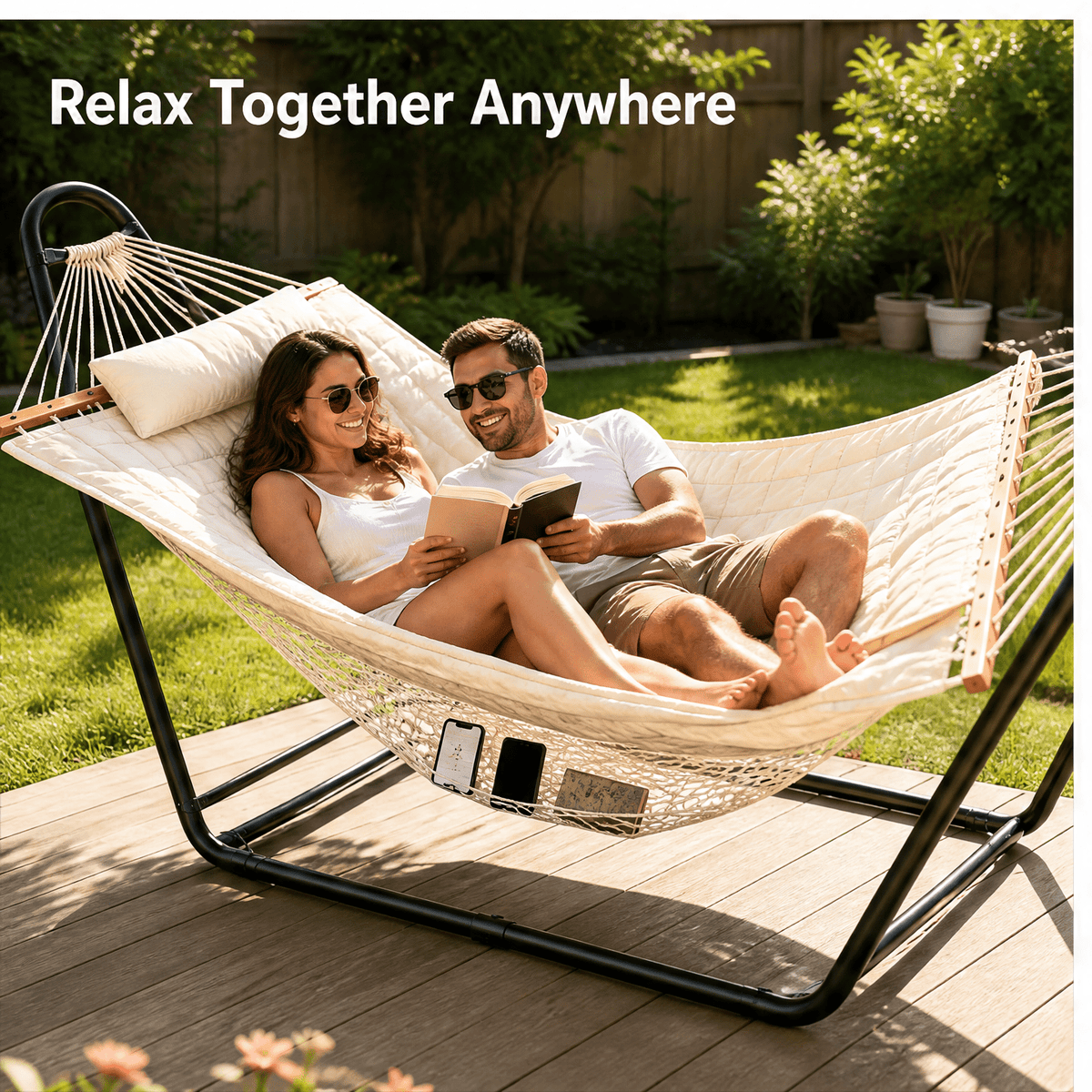 127.95 X 45.28 X 55.12inch Heavy Duty Hammock with Stand Set, 520Lb Weight Capacity, Double Layer Padded Cotton Bed (White/Gray) with Black Frame, Including Chain And Nylon Rope And Bottom Storage Net, Foldable for Yard Camping Porch