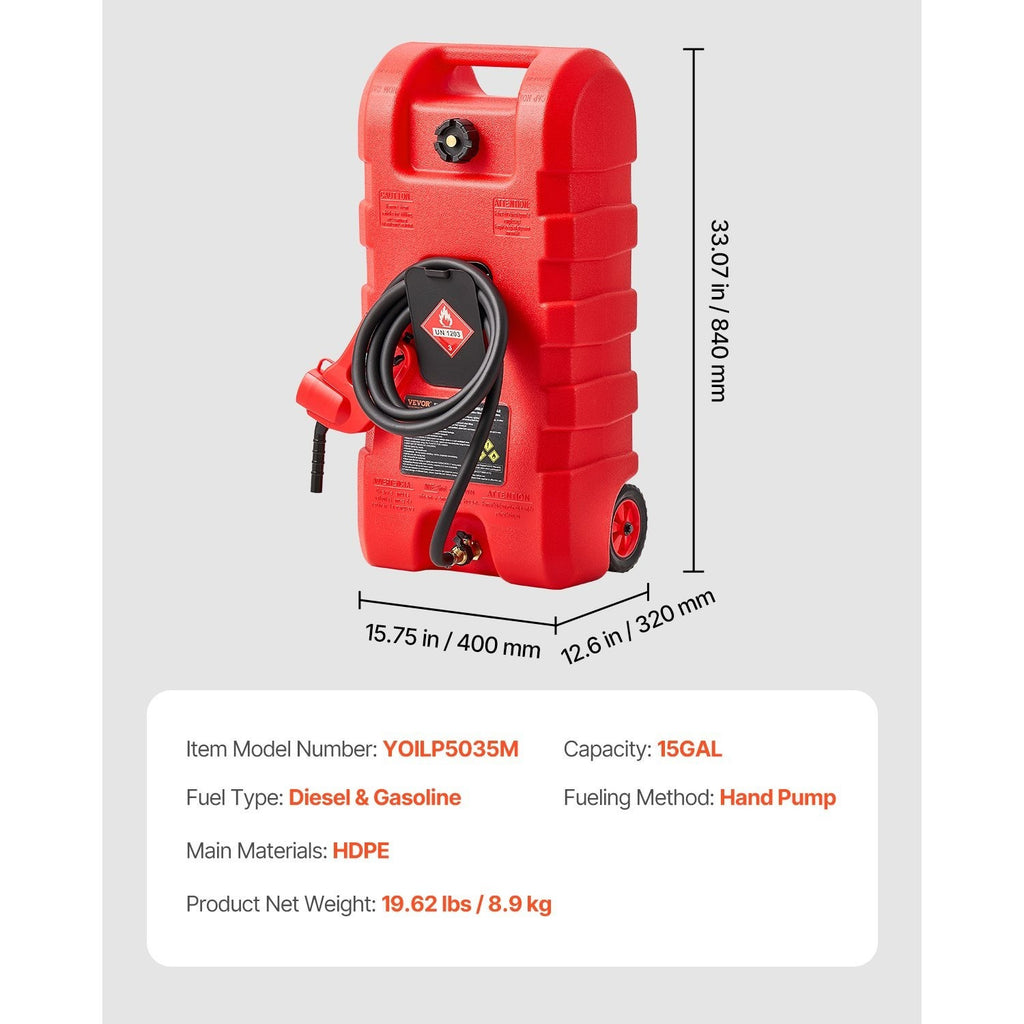 VEVOR Fuel Caddy 15 Gallon Portable Fuel Tank with Gravity & Hand Pump Modes