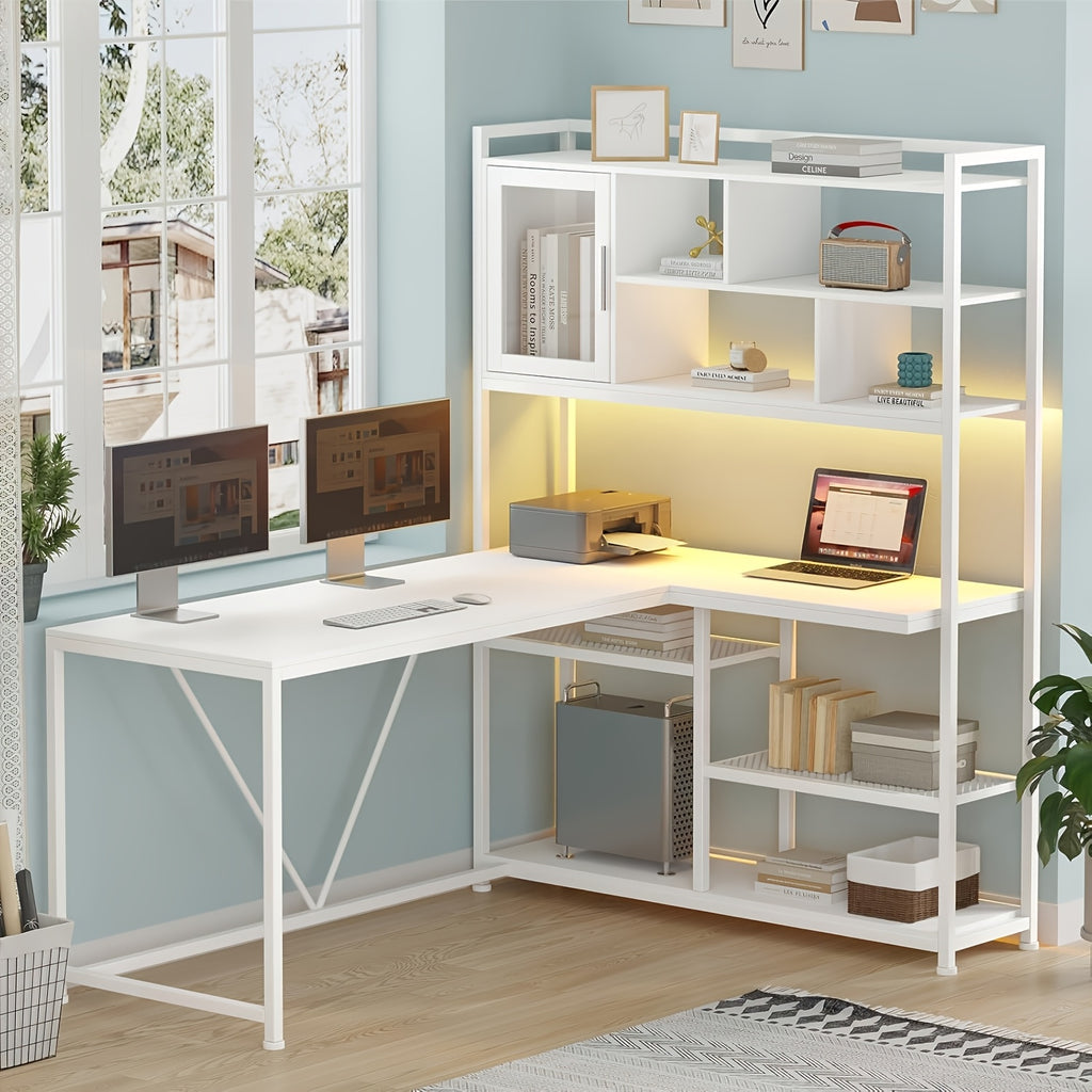 L-Shaped Computer Desk, Reversible 58-Inch Corner Workstation with 7-Tier Shelves and RGB LED Lighting