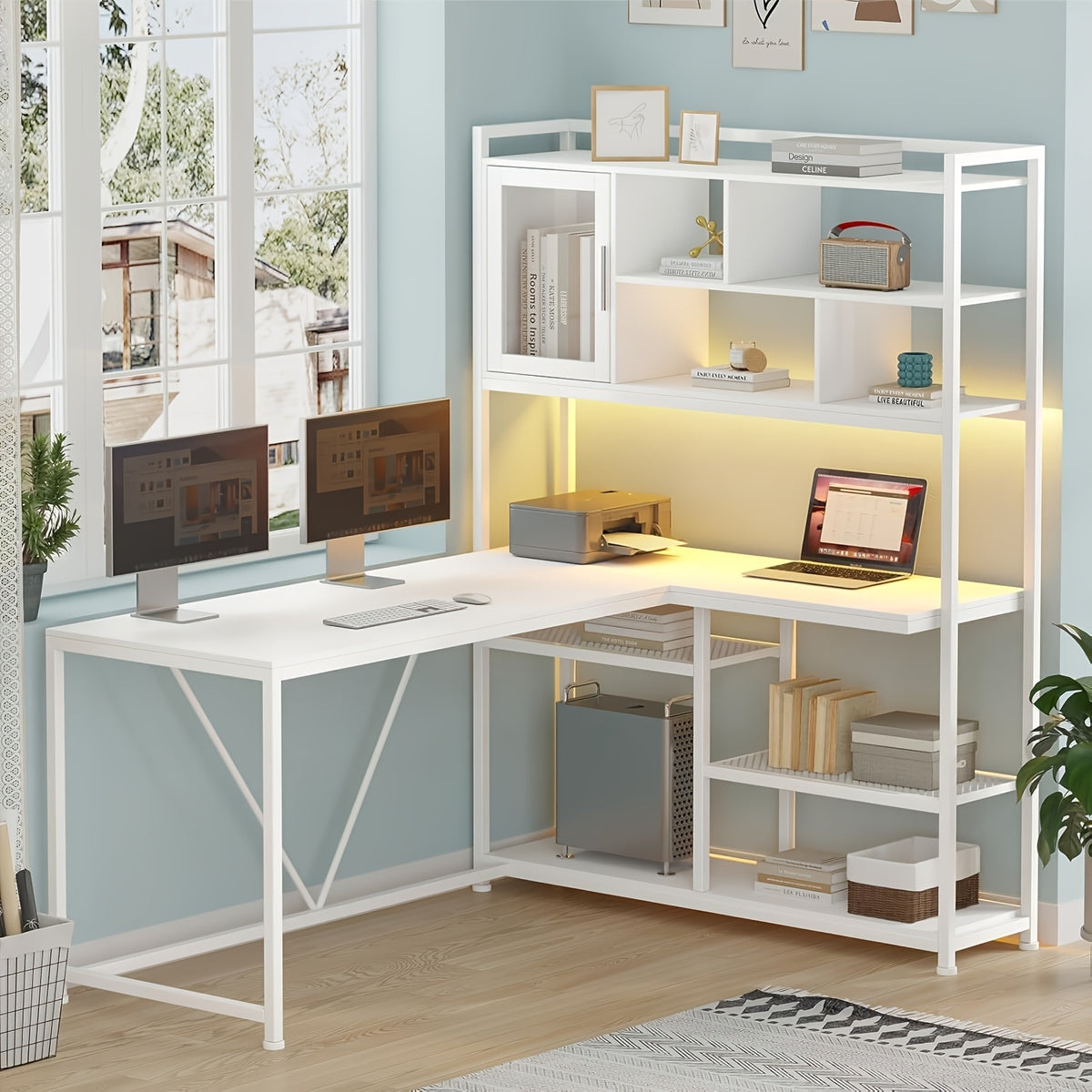 L-Shaped Computer Desk, Reversible 58-Inch Corner Workstation with 7-Tier Shelves and RGB LED Lighting