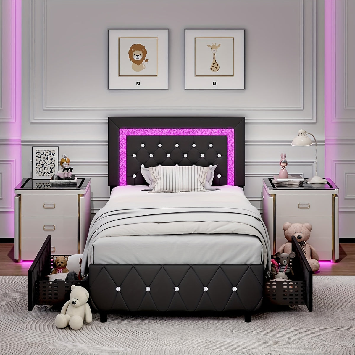 Twin Full Queen Size Bed Frame With LED Lights And Storage Drawer With Scroll Wheels, Upholstered Platform Bed With Crystal Tufted Headboard, Maximum Weight Recommendation 800 Pounds, Black/White/Pink/Yellow