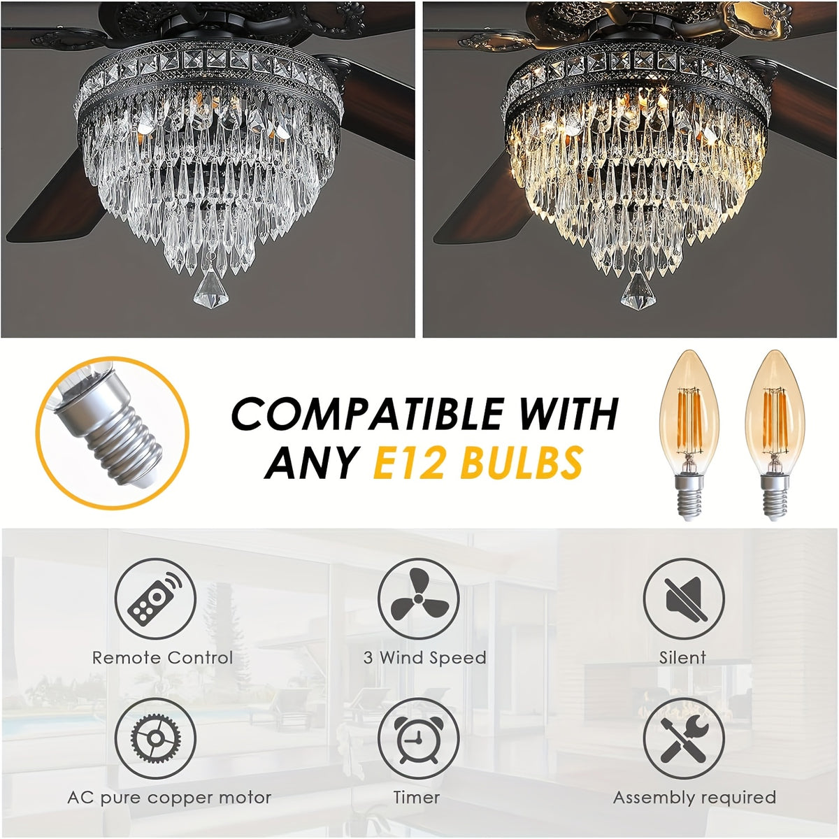 [Ceiling Fan With Light] 52-Inch Modern Ceiling Fan With Light And Remote Control - Quiet Motor Suitable For Rooms, Reversible Blades, Remote/ Control, Light Fixture, Plug, Voltage-Compatible For /Office (No Color-Changing)