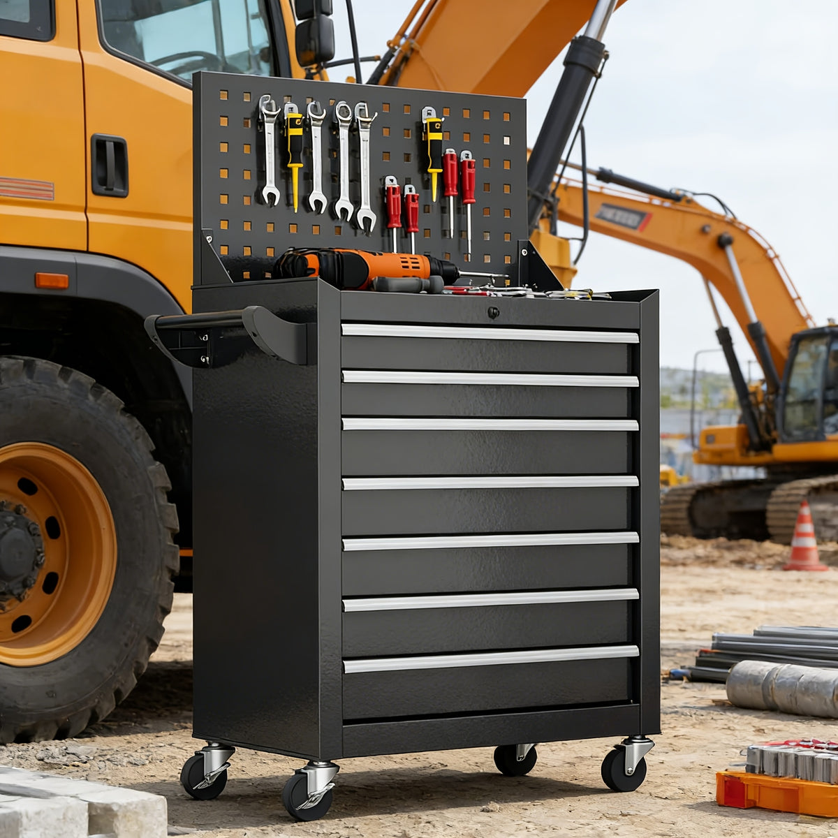 [Rolling Tool Chest] 7-Drawers Rolling Tool Chest Cabinet with Wheels - Keyed Locking System, Non-Slip Mat for Garage Warehouse Workshop