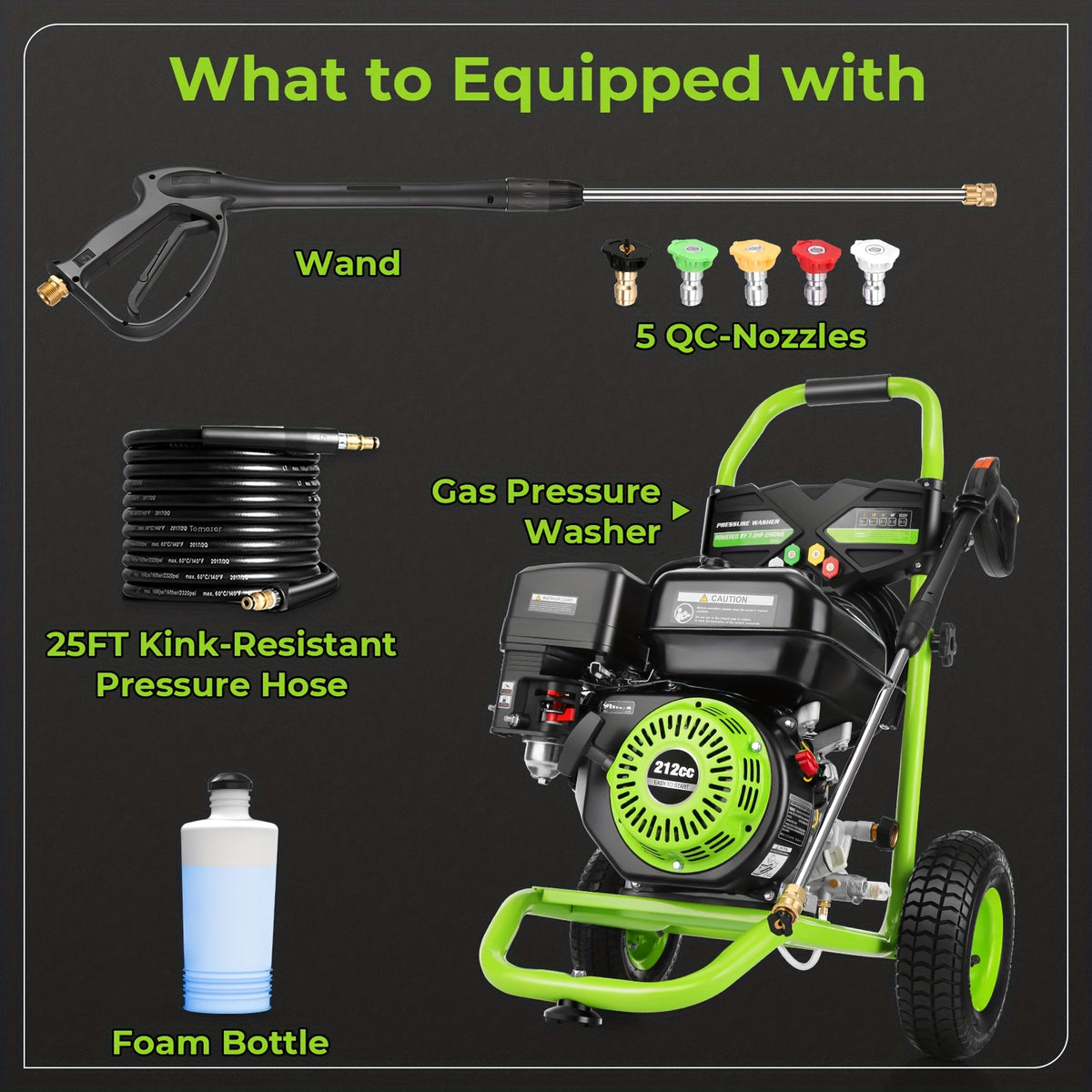 MAX 4200PSI 3GPM 212CC Commercial Gas Pressure Washer, 7.0 HP Professional Gas Power Washer with 5 Nozzles 25FT Hose 33.81oz Foam Bottle for Car Fence Driveway Yard (EPA/CARB/ETL Compliant)