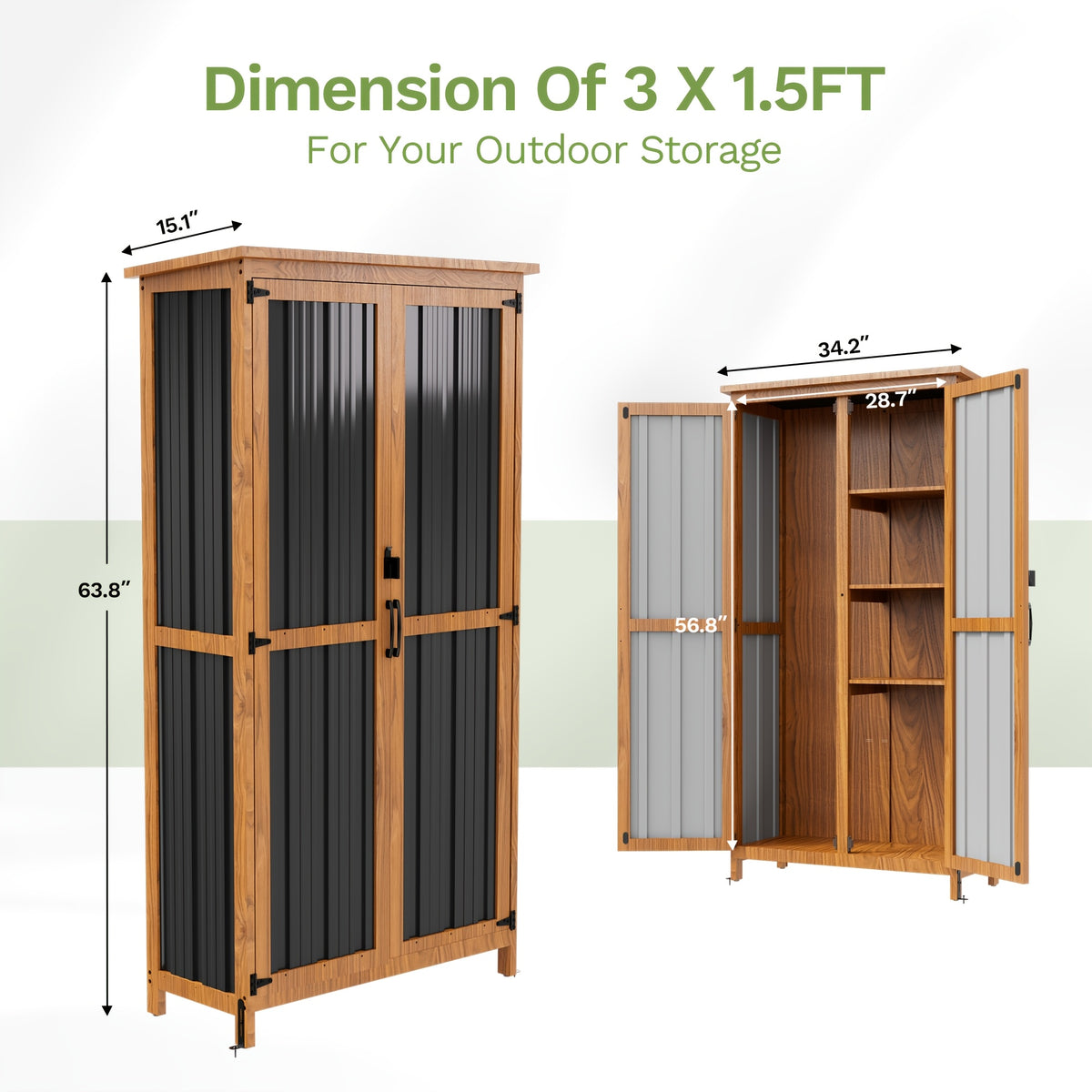 GUNJI 5 X 3 FT Plastic Outdoor Storage Shed, Resin Waterproof Cabinet With Stable Roof And Lockable Doors For Patio Furniture, Pool Accessories And Tools, Available In Four Sizes