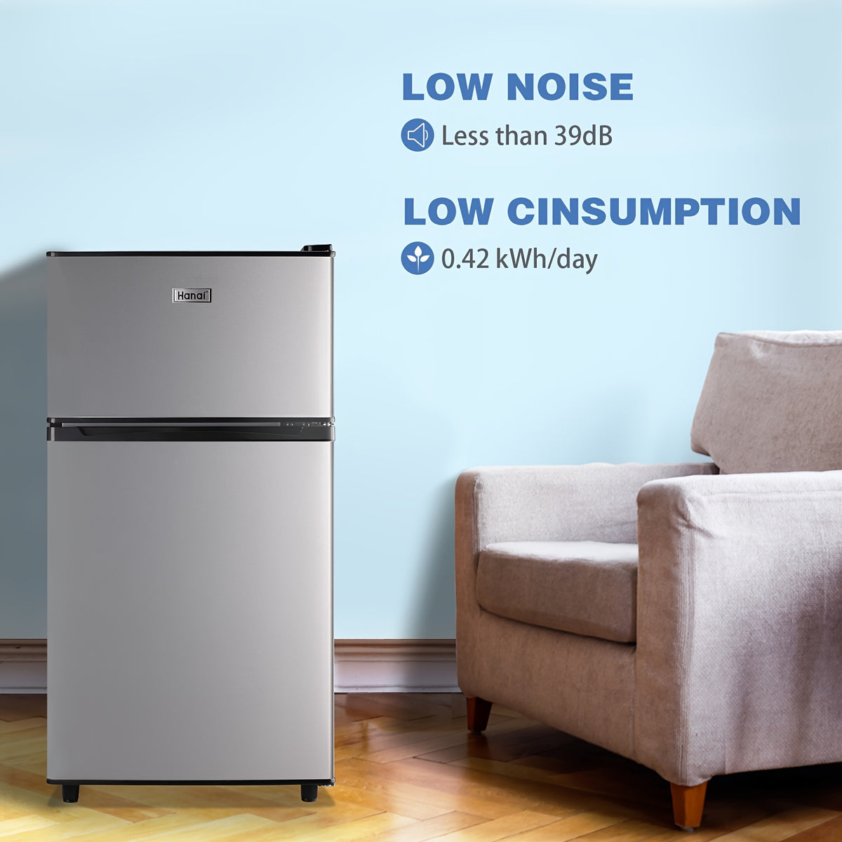 WANAI Mini Fridge with Freezer, 3.5 Cu.Ft Compact Refrigerator Freezer-on-Top Double Door, 7 Adjustable Thermostat, Small Freestanding for Bedroom Office Dorm Apartment