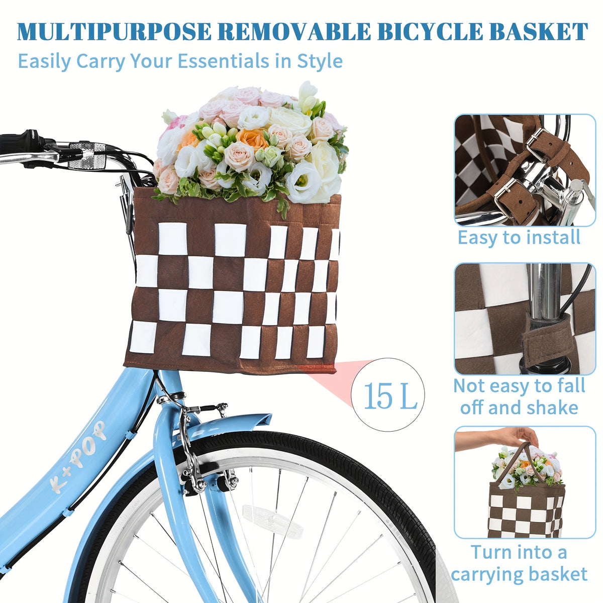 26" Foldable Beach Bike with Basket for Women - Lightweight 7-Speed Urban Commuter Bicycle, Adjustable Waterproof Seat, Detachable Rear Soft Saddle, Aluminum Alloy Wheels, Multiple Colors (Blue, Pink, Green, White), Easy Storage Bike | Checkered Board Bas