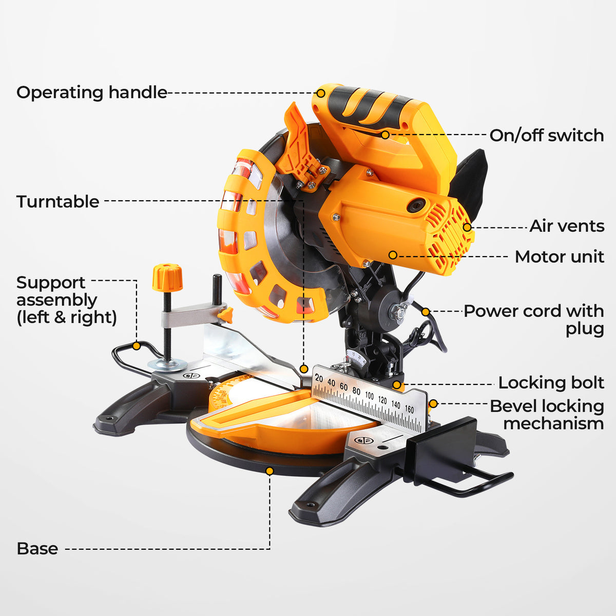DEKOPRO Corded Miter Saw with Ring Spanner | 210mm Blade | 5000 RPM | 12A/1450W | 0-45° Single-Bevel | Electric Sliding Industrial Miter Saw | for Construction Woodworking, Furniture Factories, Metalworking Shops | for Cutting Wood, Metal, Pipes | Gifts f