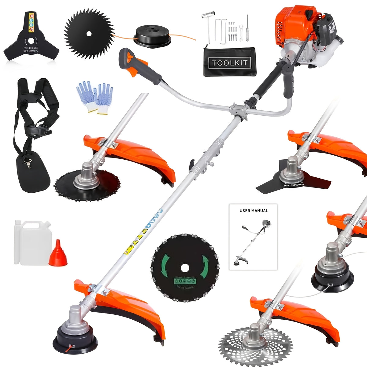 62CC 2-Stroke Gas Powered Weeder, 2HP, 8500RPM, 6-in-1/ 2-in-1 Multi-Tool: Gas Hedge Trimmer, Lawn Mower, Chainsaw & Extension Pole Pruner, for Garden, Farm & Courtyard Landscaping Maintenance