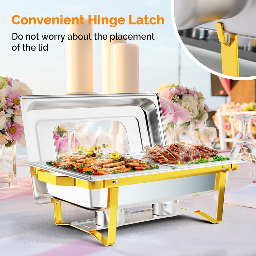 MEFEIR Chafing Dishes for Buffet 4 Pack, 9QT Chafing Dish with Multiple Food Pans Combo,Stainless Steel Buffet Servers and Warmers with Glass Lid & Folding Frame for Parties Weddings, Gold & Silver only for cooking