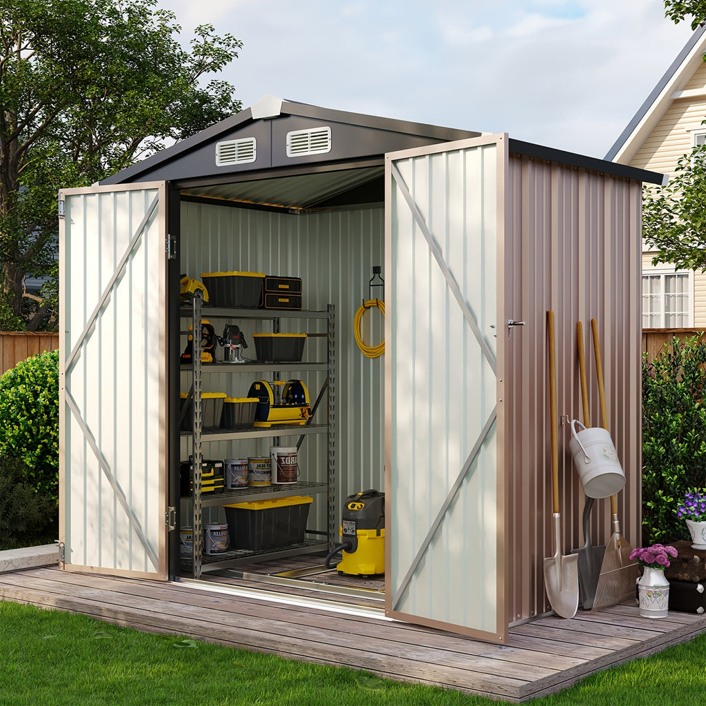 6' X 4' Brown Metal Outdoor Storage Shed with Base Frame, Weather-Resistant Steel Tool Shed with Lockable Doors for Garden, Patio, Backyard, And Lawn