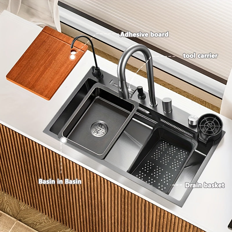 Elegant Stainless Steel Rectangular Kitchen Sink with Digital Display Faucet and Right Drainage Position - 22cm/8. 7in X 46cm/18. 1in