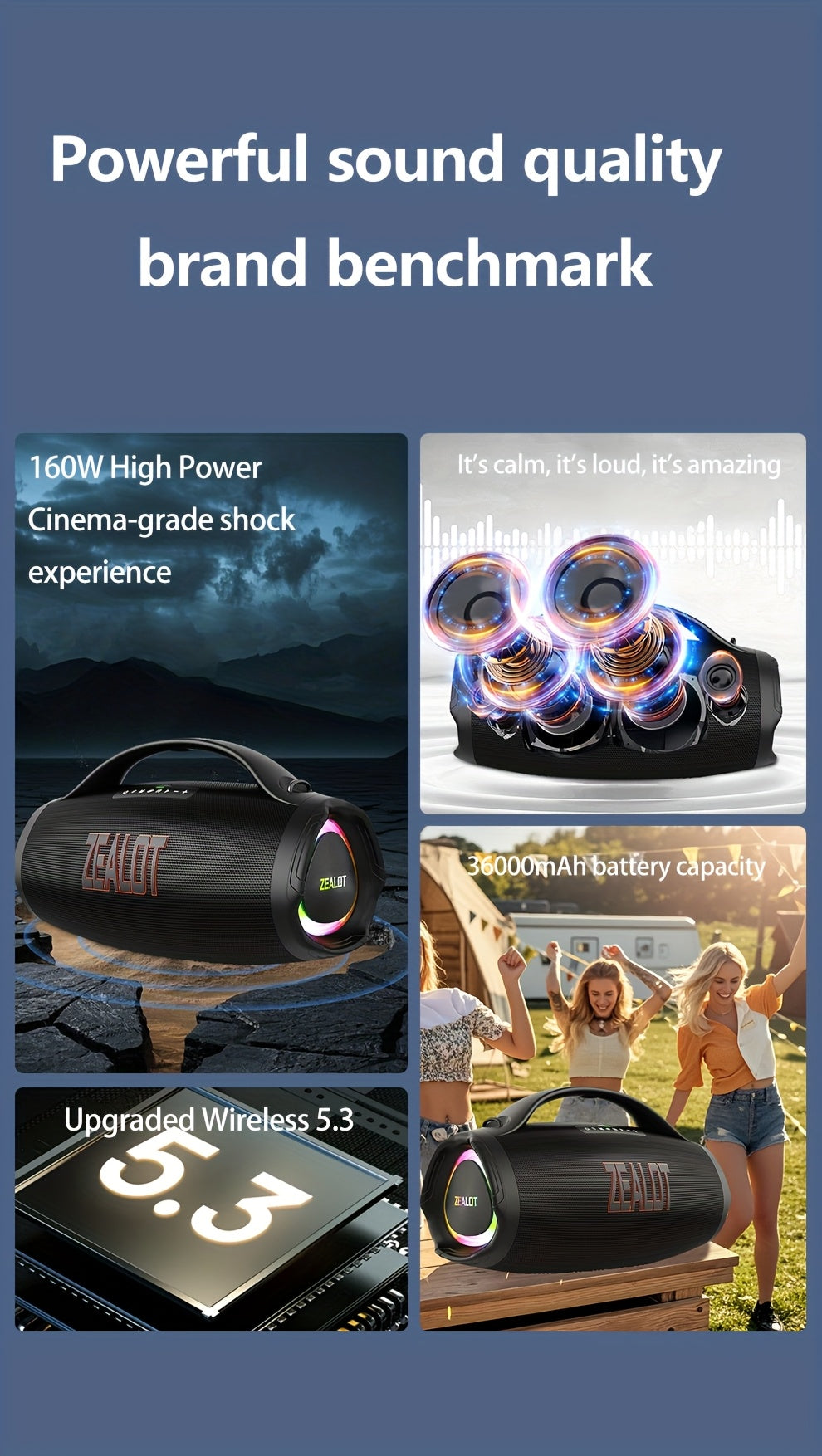 ZEALOT 160W Large Speaker, Wireless Speakers with Subwoofer, 60 Hours Playtime, 36000Mah Battery, Fast Charging, Water Resistance, Dual Pairing, Booming Bass. Charging Cable, Connect with Mobile Phone/Tv. for Home, Car, Outdoor, Camping