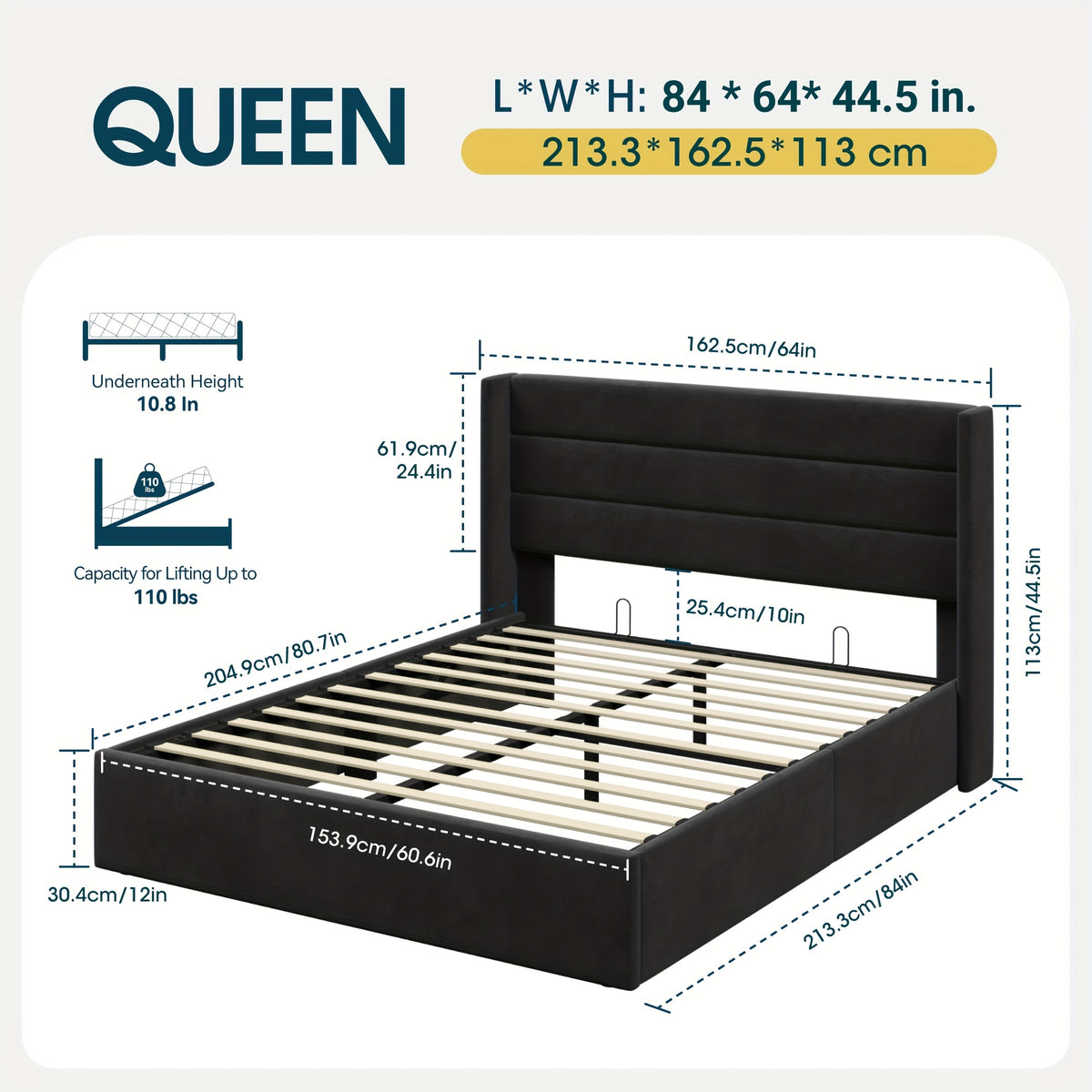 WEEWAY Lift Up Storage Bed, Modern Wingback Upholstered Headboard, Hydraulic Platform Bed, Wooden Slats Support, Heavy Duty Mattress Foundation, No Box Spring Needed, Easy Assembly, Full/Queen/King Size, for House Bedroom Furniture, Free Shipping