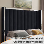 LUXOAK Velvet Upholstered Platform Bed with 58" Tall Channel Tufted Wingback Headboard, Plating Trim & No Box Spring Needed