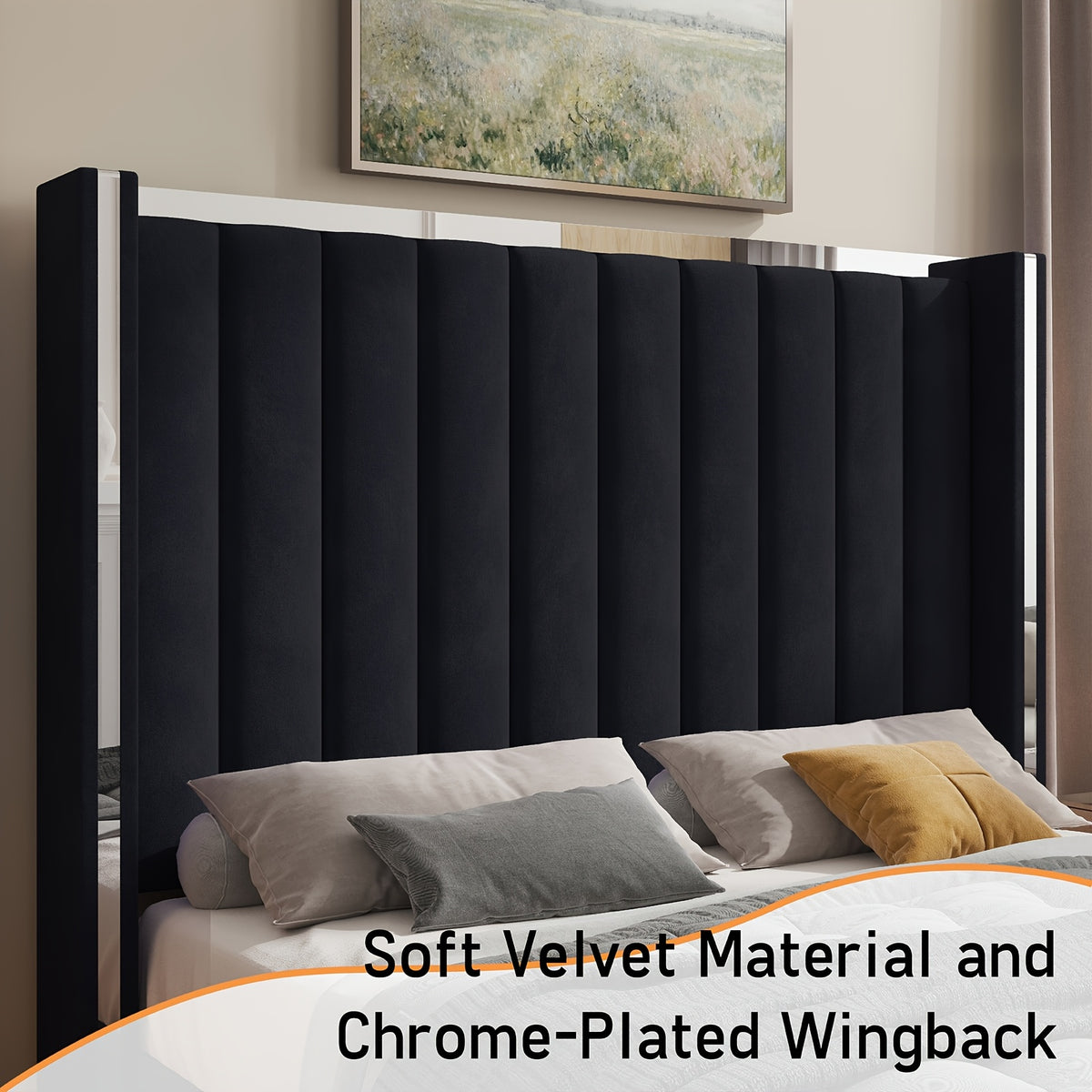 LUXOAK Velvet Upholstered Platform Bed with 58" Tall Channel Tufted Wingback Headboard, Plating Trim & No Box Spring Needed