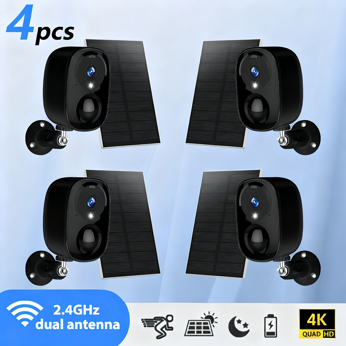 4pcs/6pcs/8pcs Black Solar Powered 4K Wireless Outdoor Security Surveillance Camera, Artificial Intelligence Motion Detection, Two-way Voice Call, Color And Infrared Night Vision,.