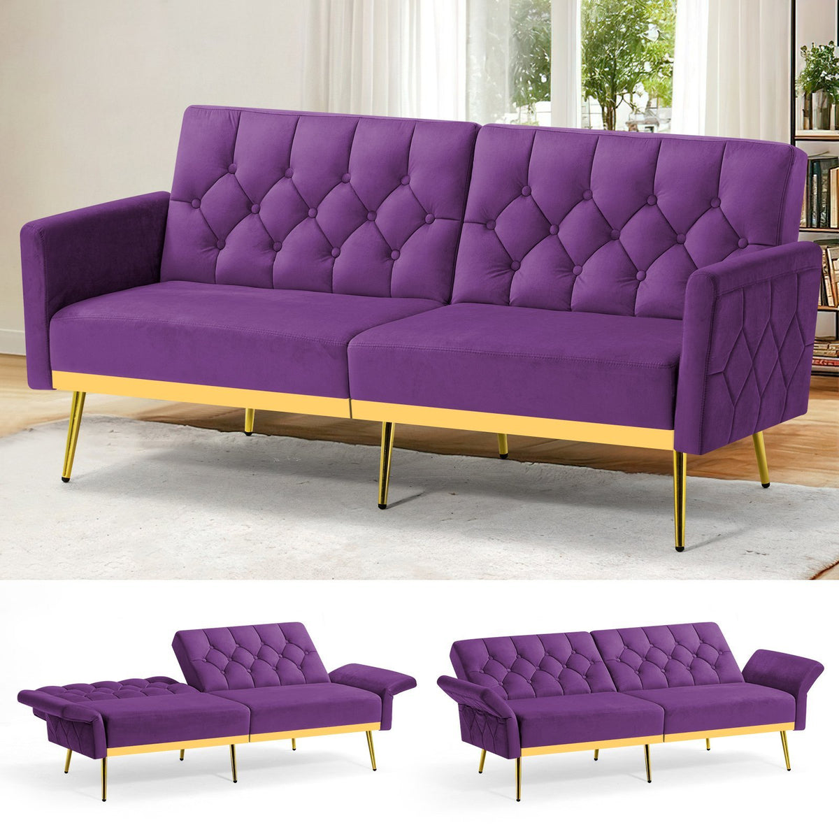 ACMEASE Velvet Sofa Bed Featuring Adjustable Armrests And Backrests, a Contemporary Recliner Sleeper Couch with a Tufted Design, a Convertible Loveseat Sofa with Golden Legs Suitable for The Living Room, Bedroom, Or Studio