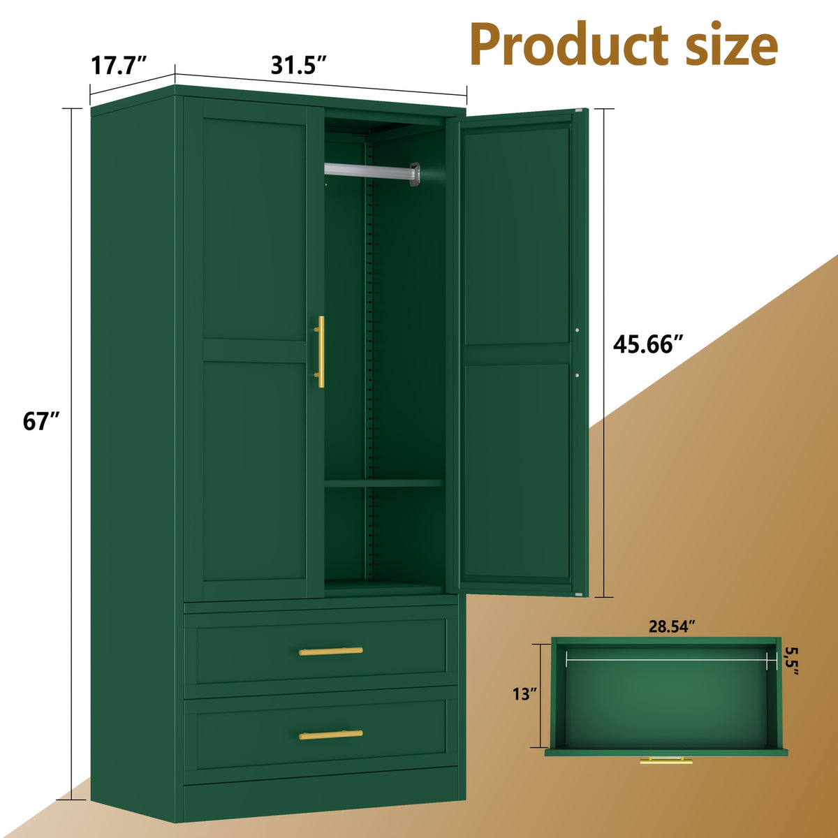 Mxa 71.39 "H metal storage cabinet with armrests, 2 drawers, adjustable shelves, clothesline, and home wardrobe