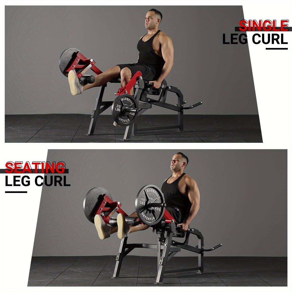 4-in-1 Adjustable Leg Exercise Bench - Single Leg Extension & Curl Machine, 350lb Capacity, Plate Loaded, Red & Black Design for Home Gym Workouts, Sturdy Construction, Leg & Thigh Lifters