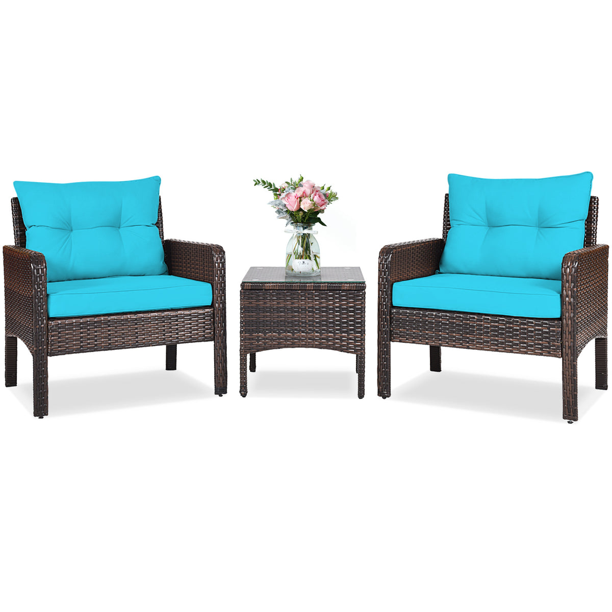 Patio Conversation Set by COSTWAY with Two Cushioned PE Rattan Chairs and Tempered Glass Side Table