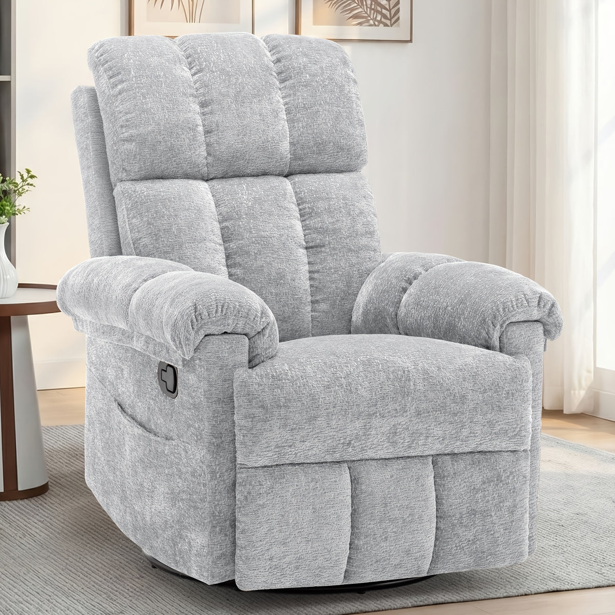 Living Room Single Chair, 360° Swivel Rocking Chair, Manual Rocking Chair for Small Spaces, Rocking Chair with Side Pockets And Armrest Storage, Deep Seat Cushion And Plush Backrest, Chenille Fabric, a Recliner Suitable for The Living Room