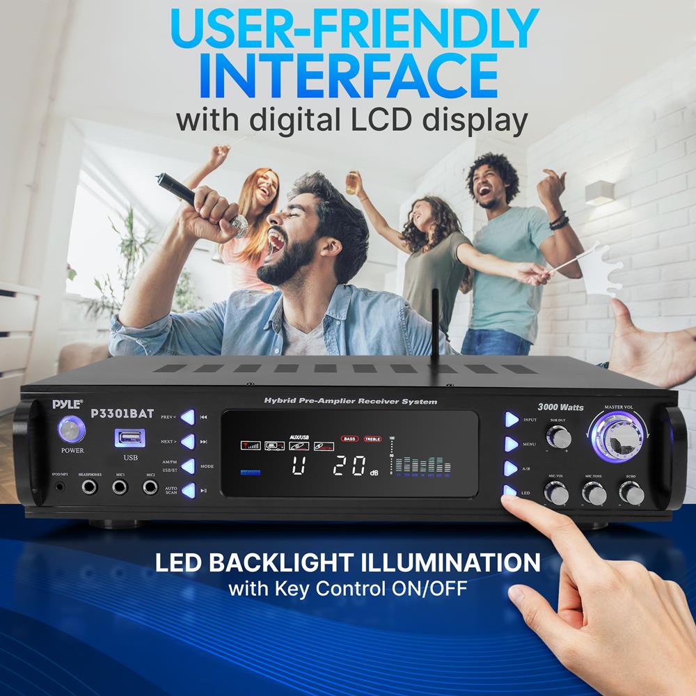 Stereo Amplifier Receiver with 3000W Peak Output, Bluetooth 5.0 and Dual Mic Inputs for Home Karaoke and Events