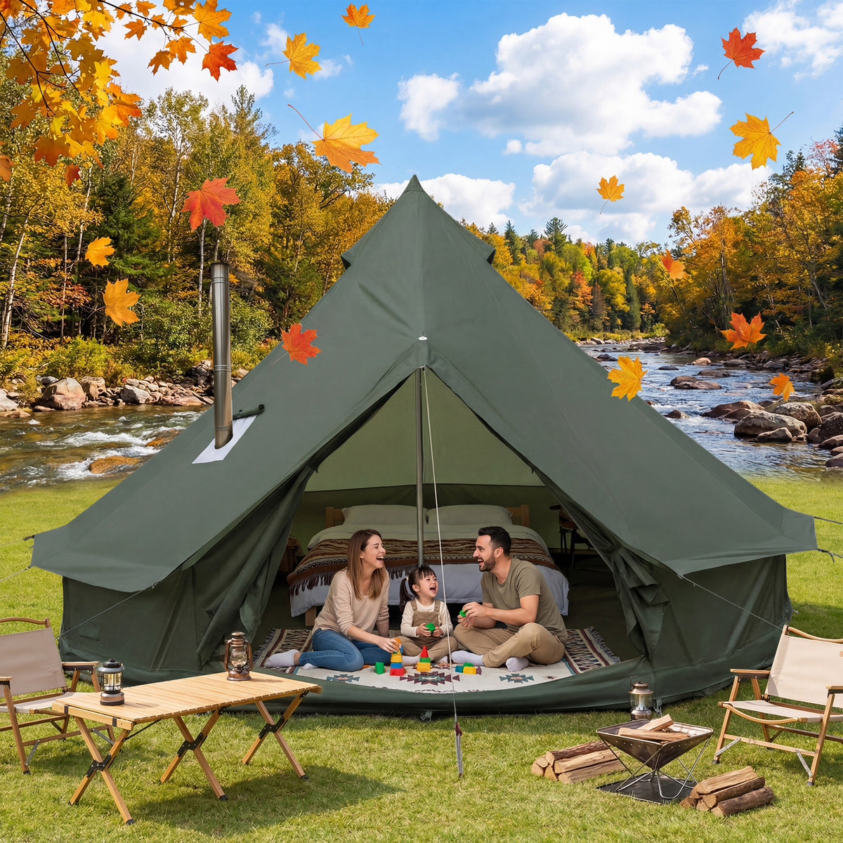 Luxury Oxford Fabric Bell Tent, Yurt Canvas Tent with Stove Jack, 4/6/8 Person Family 4 Season Camping (Green)