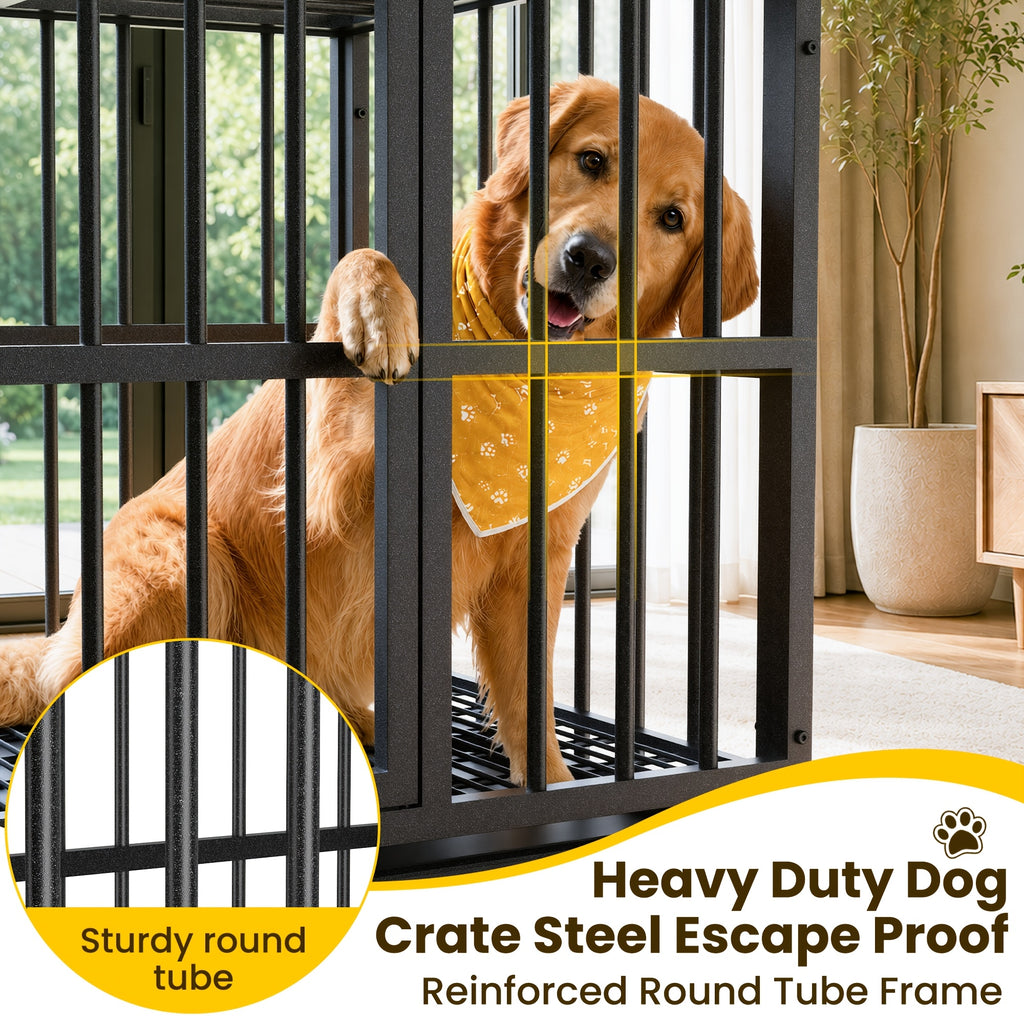 [Indoor Dog Crate] Heavy Duty Simple Version Round Pipe Iron Dog Crate, Indoor Double Door Dog Crate With Wheels With Removable Tray