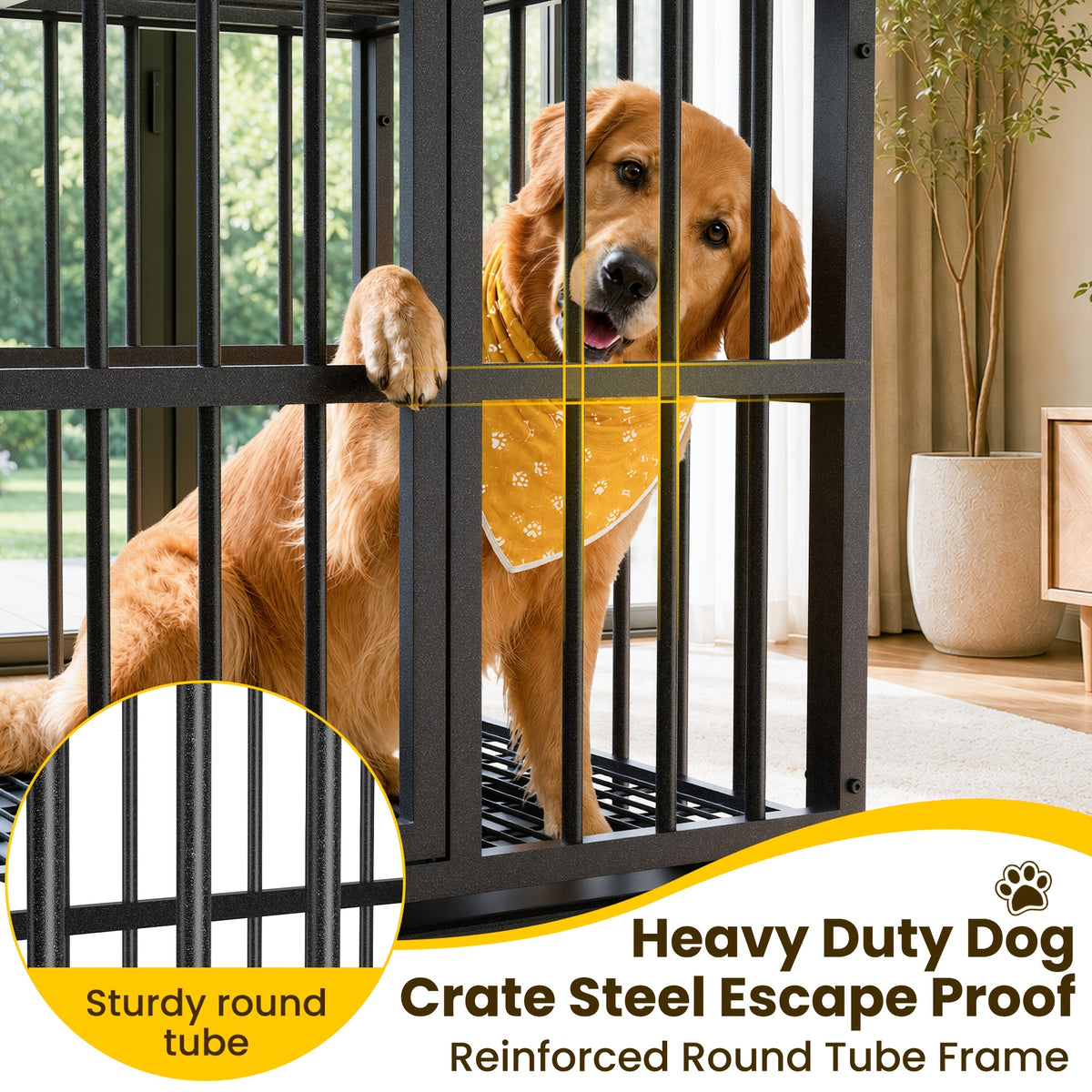 [Indoor Dog Crate] Heavy Duty Simple Version Round Pipe Iron Dog Crate, Indoor Double Door Dog Crate With Wheels With Removable Tray