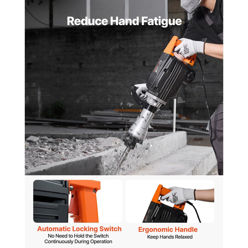 VEVOR Demolition Jack Hammer, 2200W 1350 BPM / 1400 BPM Jack Hammer Concrete Breaker, Heavy Duty Electric Jack Hammer 4pcs/6pcs Chisels Bit with Gloves, 360°C Swiveling Front Handle for Trenching and Breaking Holes
