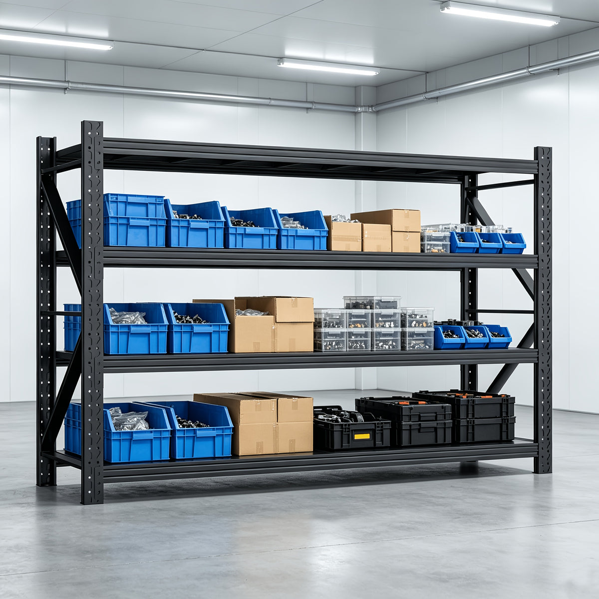 1pc 71"W Garage Shelving Units • 3000LBS Storage Shelves Heavy Duty • 24" Deep Metal Shelving Rack • 4 Tier Large Tall Industrial Shelving • Adjustable Standing Shelf for Warehouse/Shop • 71"W X 24"D X 70"H • Utility Shelves