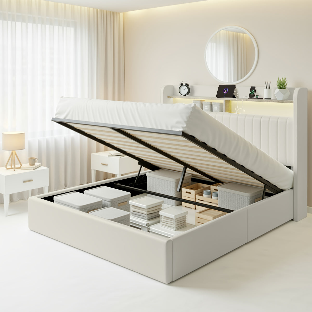 WEEWAY Lift Up Storage Bed Frame, Velvet Vertical Channel Headboard, LED Light And Charging Station, Hydraulic Support, Noise-Free Wooden Slats, No Box Spring Needed, Bedroom Furniture, Masterroom, Guestroom, White, Black, Cream, Grey, Free Shipping