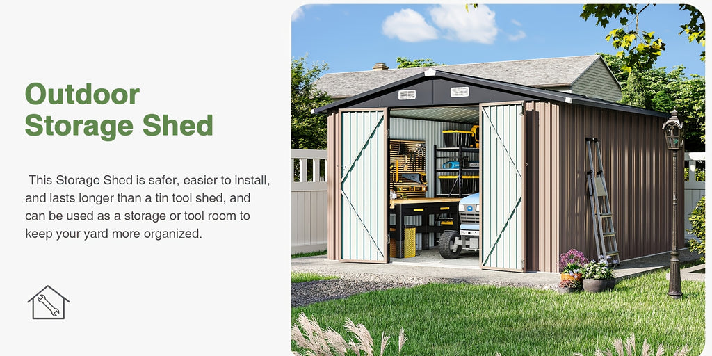 20'x12'/14'x12'/10'x8' Outdoor Metal Storage Sheds - Large Garden Tool Metal Shed, Carport Shed with Lockable Door & Galvanized Steel Construction for Garden, Backyard, Patio, Lawn( Brown)