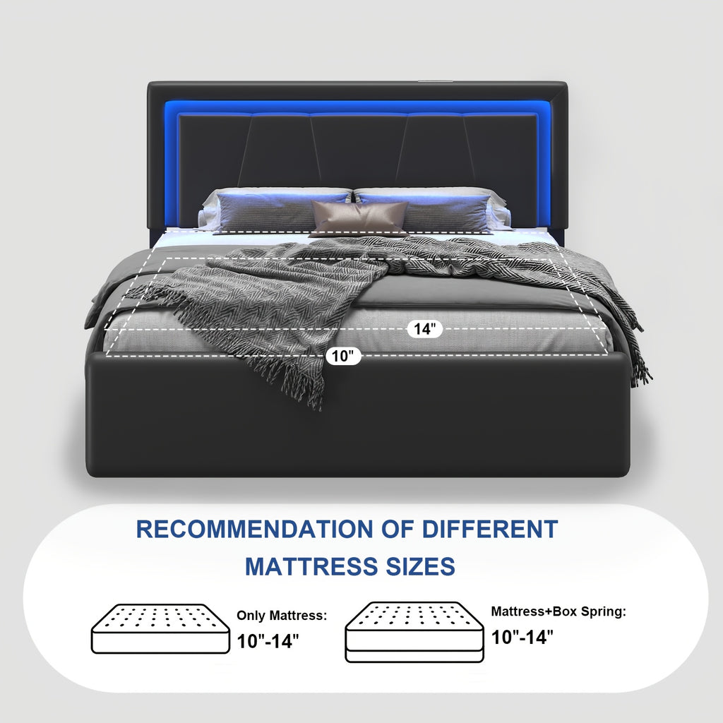 Upholstered Platform Bed Frame with 4 Storage Drawers, Twin/Full/Queen Size Bed Frame with LED Lights And Adjustable Headboard, Metal Slats Support, Charging Station, Easy Assembly, Noise Free, Black/White