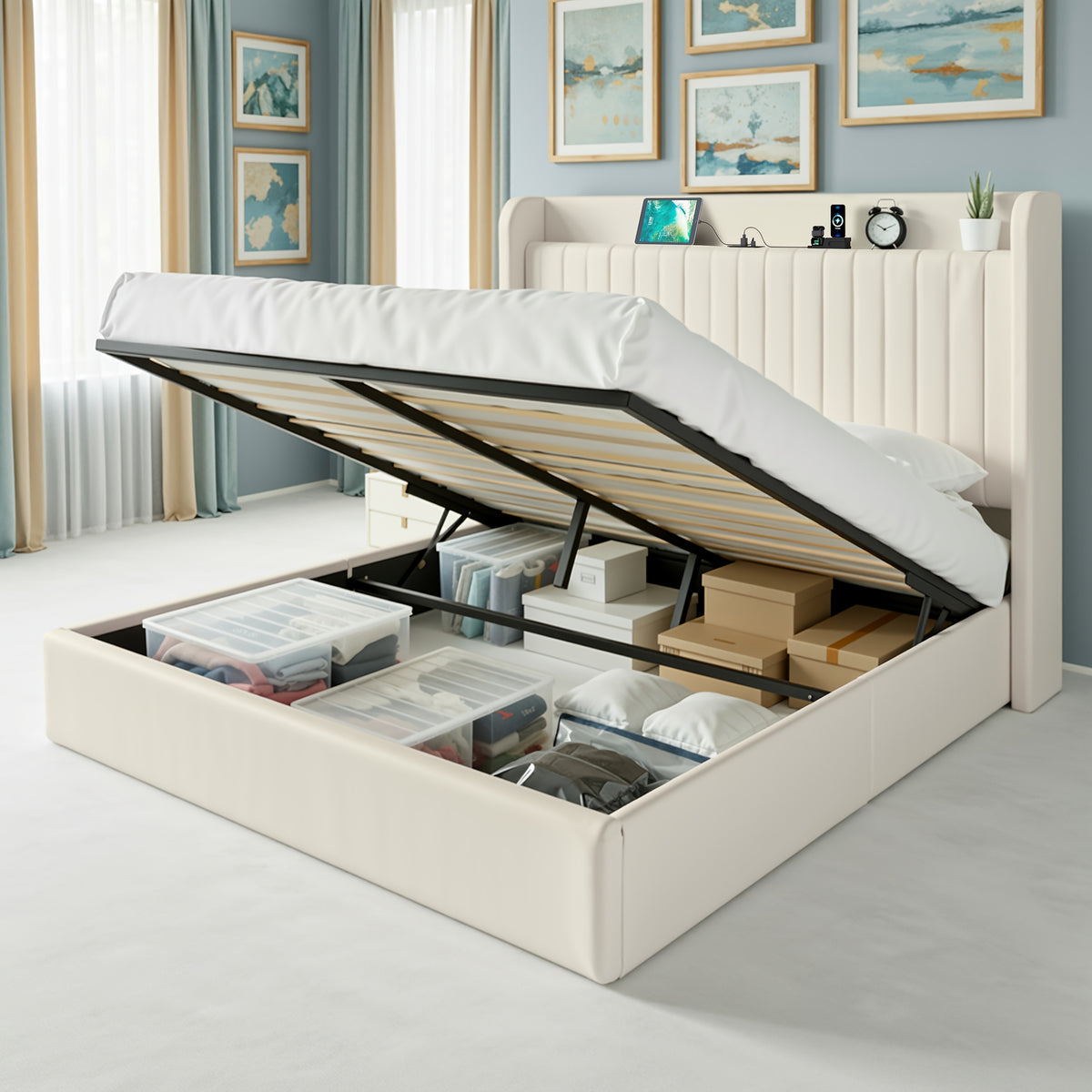 WEEWAY Lift Up Storage Bed Frame, Velvet Vertical Channel Headboard, Charging Station, Hydraulic Support, Noise-Free Wooden Slats, No Box Spring Needed, Bedroom Furniture, Masterroom, Guestroom, White, Black, Cream, Grey, Free Shipping