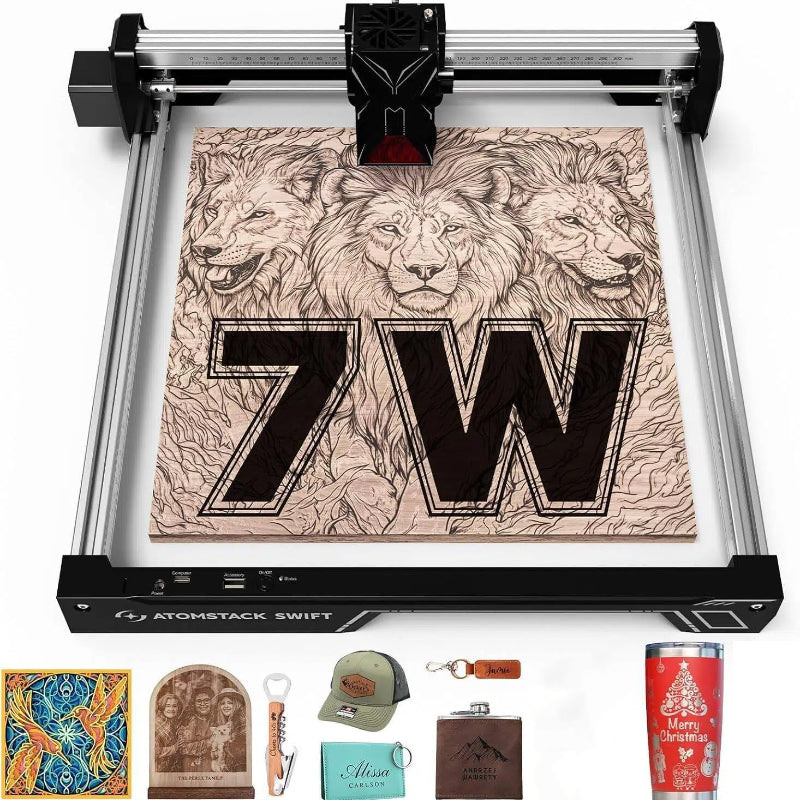 ATOMSTACK Swift Laser Engraver and Cutter Machine - 7W High Power, 300x300mm Work Area, Beginner-Friendly. AI Art Generation & Built-in Project Library, Compatible with Wood, Leather, Acrylic, Coated Metal. Perfect for Crafts, Jewelry Making